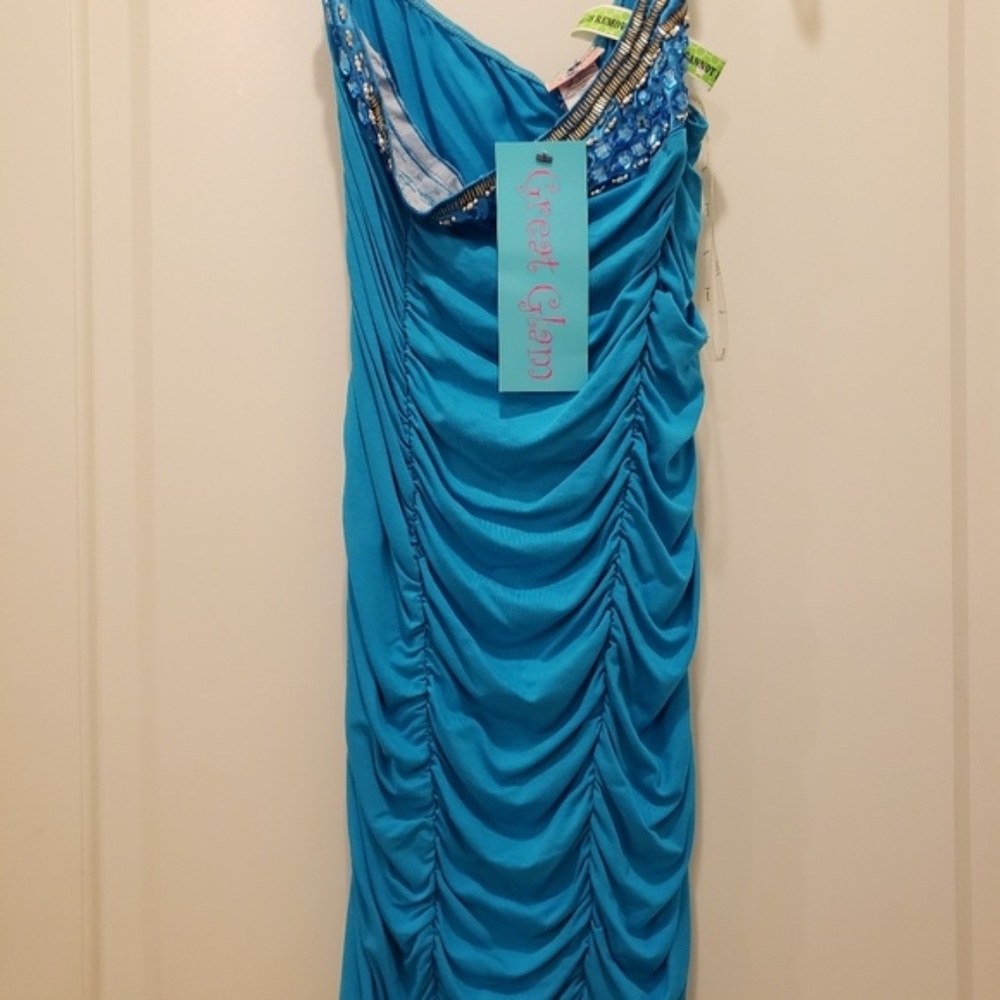 One shoulder Dress Ruched Jeweled Bling NWT Mini